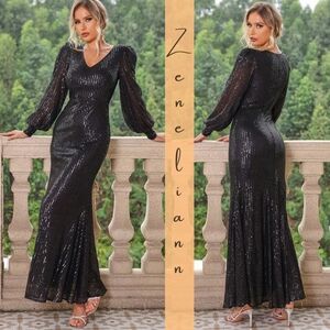 Black Sequin Lantern Maxi Evening Gown